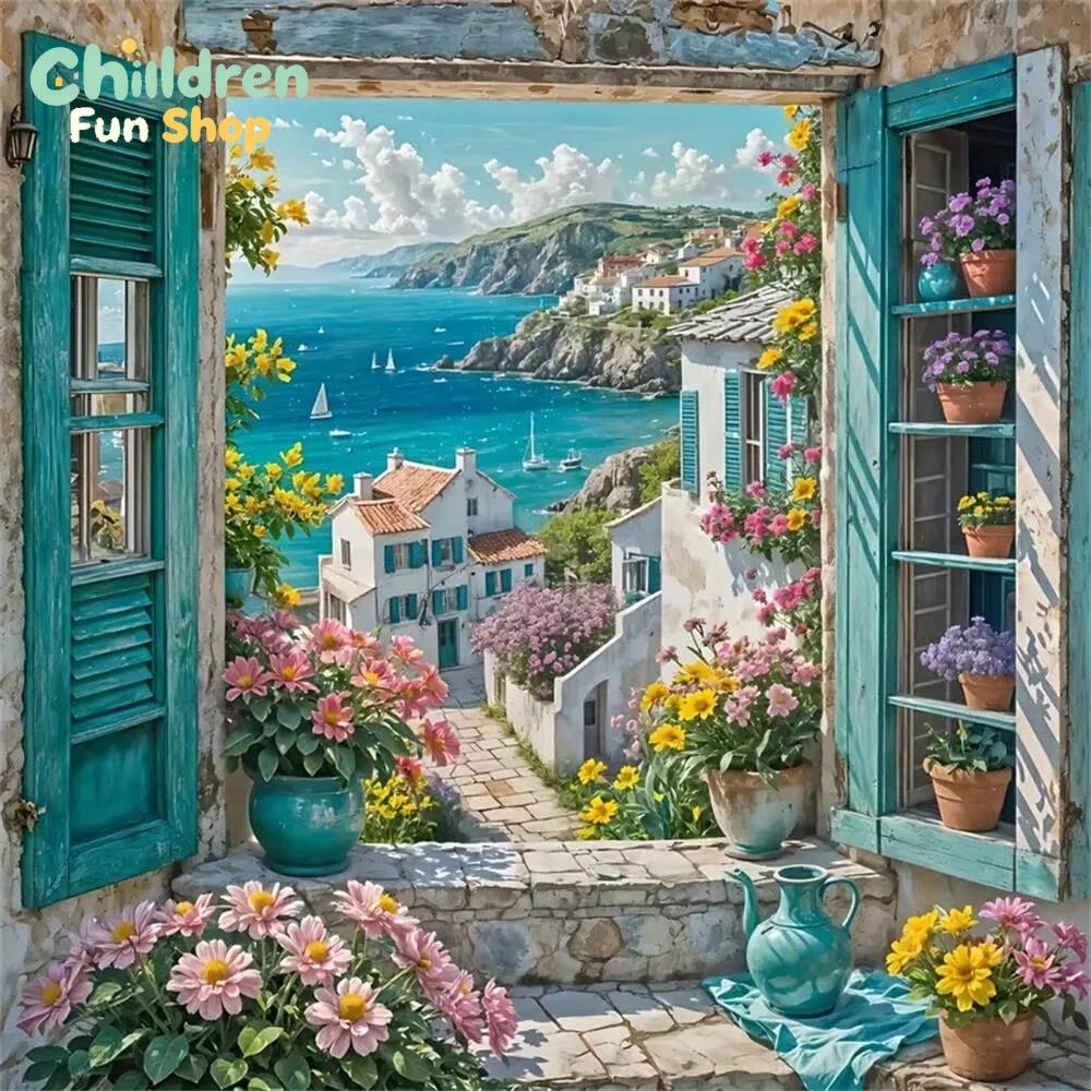 Resin Art Wallpaper - DIY Niebieskie Okno z Kwiatami, Wioska